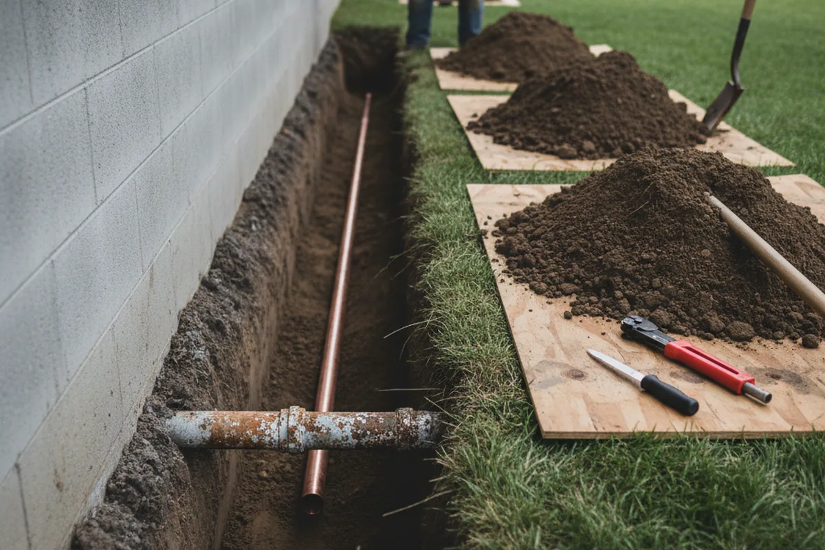 Excavated water line trench during Water Heater Repair in Baltimore